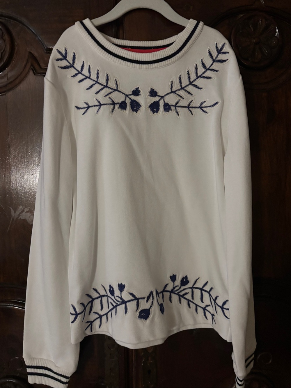 White Embroidered Crewneck Sweater - Navy Floral Detail